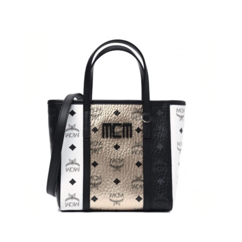 NWT Small MCM Black And Gold Tom Visetos Mix Shopper Crossbody Tote Bag